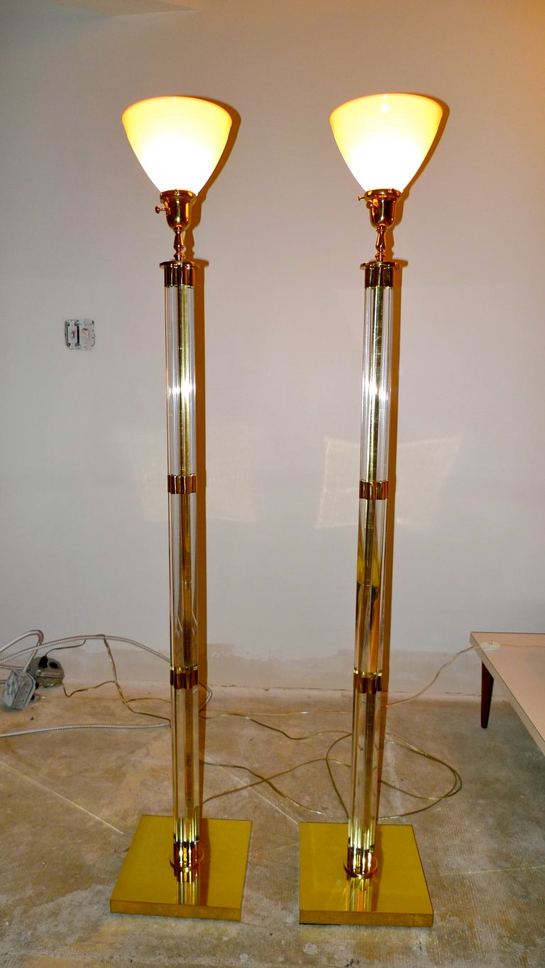 Pair of Lucite & Brass Tochiere Floor Lamps For Sale 1