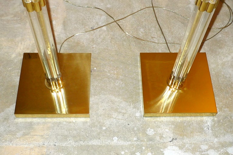 Pair of Lucite & Brass Tochiere Floor Lamps For Sale 2