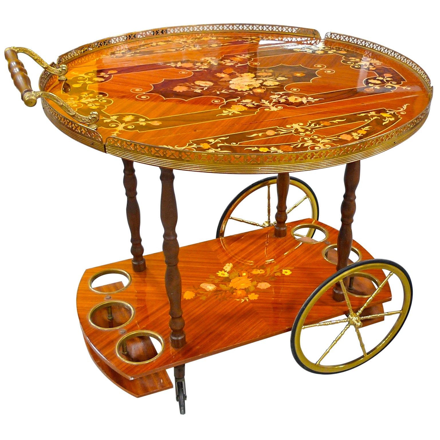 chariot de bar en marqueterie italienne des années 1960