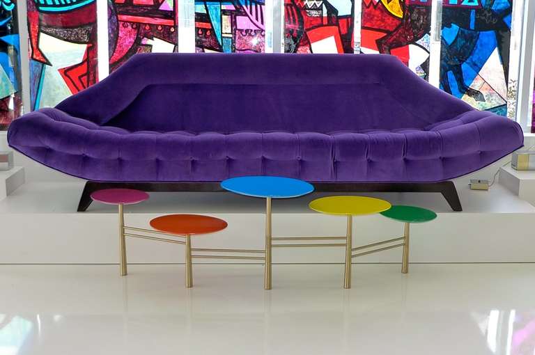 Lounge on this luscious Adrian Pearsall 1960's gondola sofa resplendent in shimmering purple velvet, burn pontifical incense and wait for the puff of white smoke from the chimney of the Sistine Chapel. 

Deceptively long at nearly nine feet this
