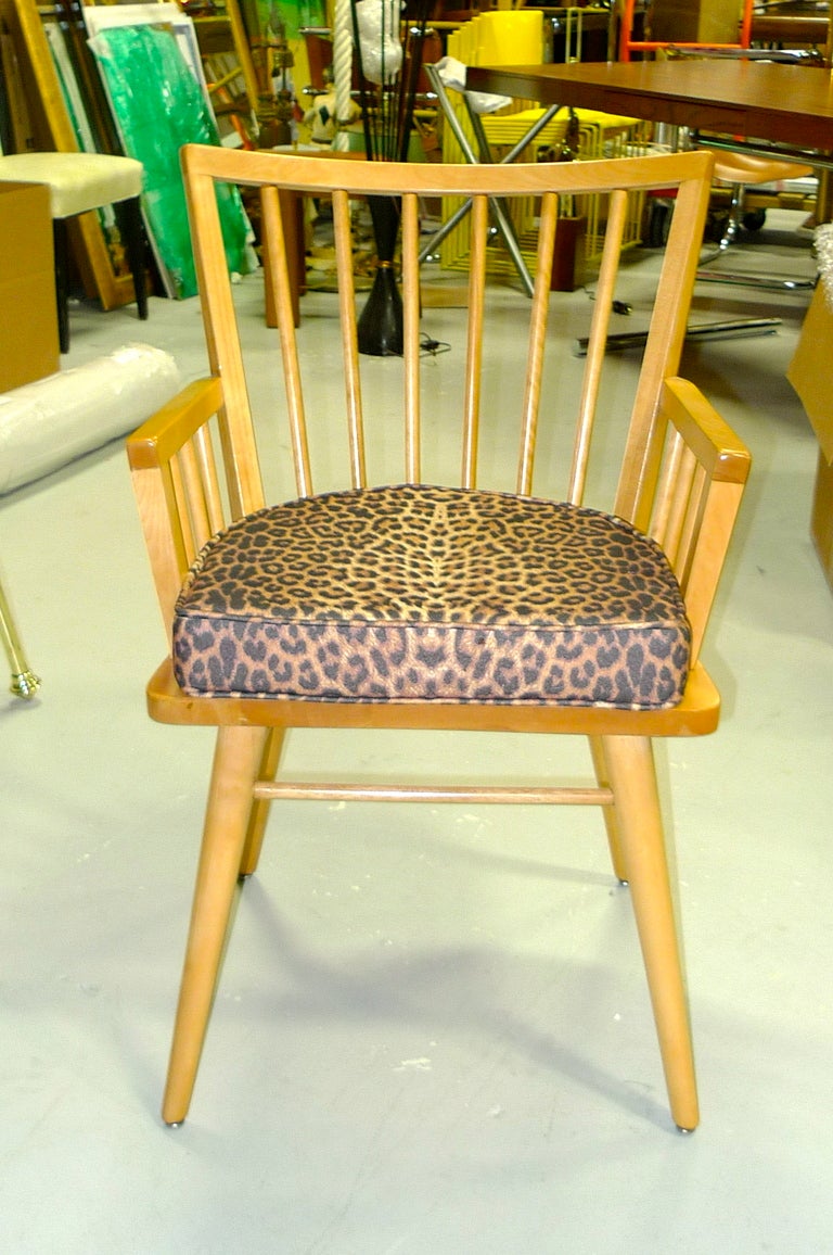 A set of four (or two pairs) of Windsor/Shaker style solid birch armchairs designed by Leslie Diamond for the Conant Ball company.  Chairs have been recently refinished without the fixed seat cushions. Can be remade in your own material for $100 per