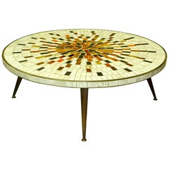 Mid-Century Glazed Ceramic Tile Cocktail Table with Brass Legs