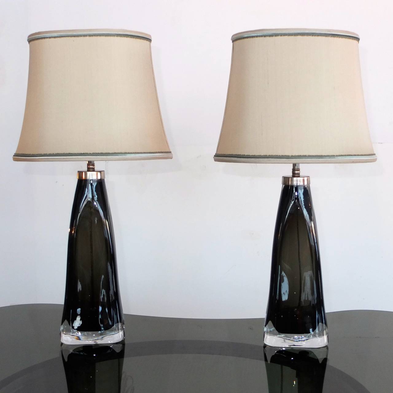 Swedish Pair of Smoked Glass Lamps by Carl Fagerlund for Orrefors, Sweden For Sale