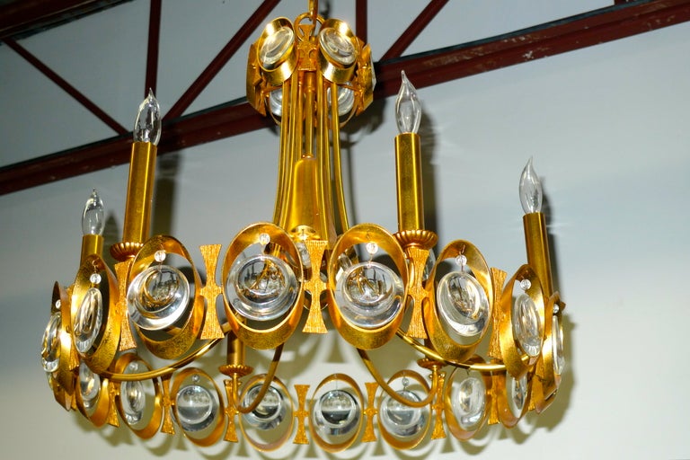 Palwa Crystal & Textured Brass Chandelier In Good Condition In Hanover, MA