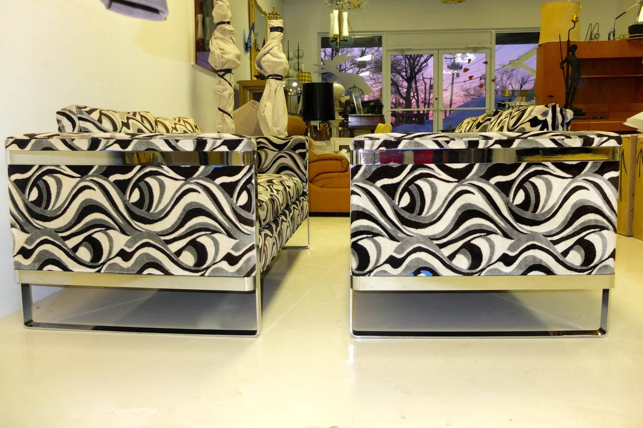 American Pair of Chrome Framed Love Seats in the Style of Milo Baughman For Sale