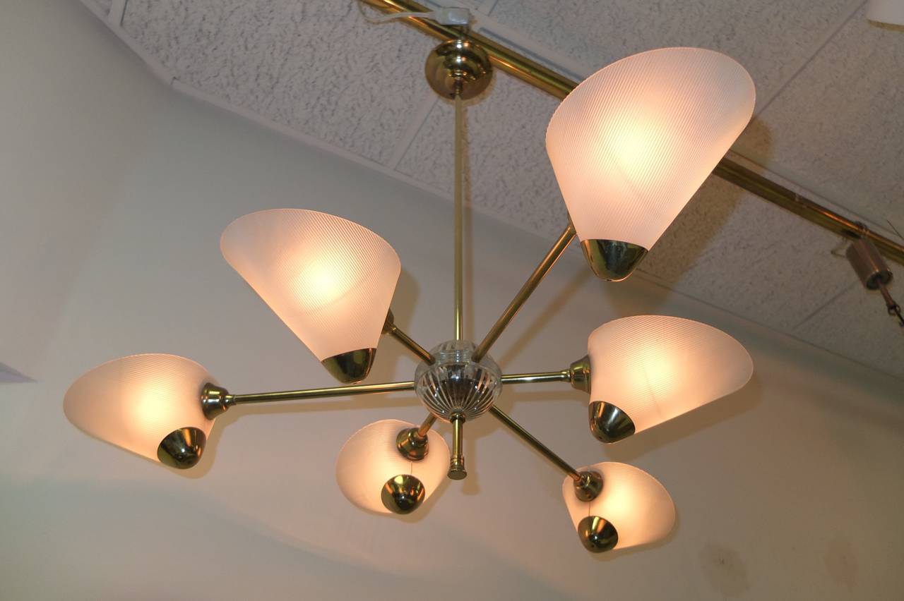 Asymmetric Brass and Plexi Six-Arm Chandelier