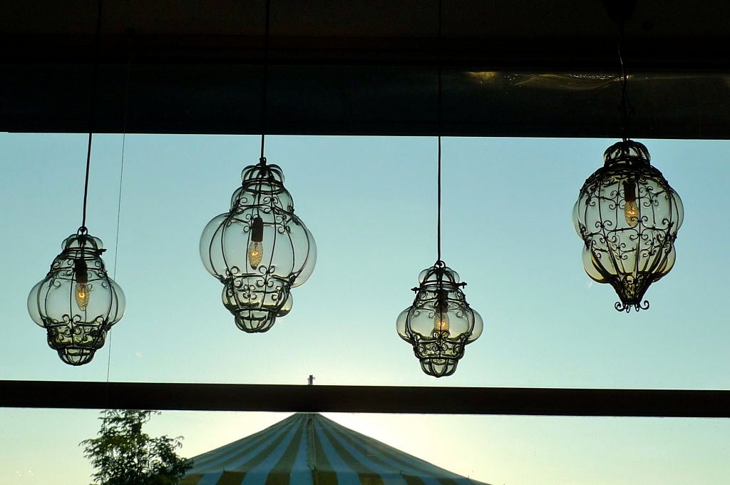 Italian Seguso Murano Bubble Glass Cage Lanterns