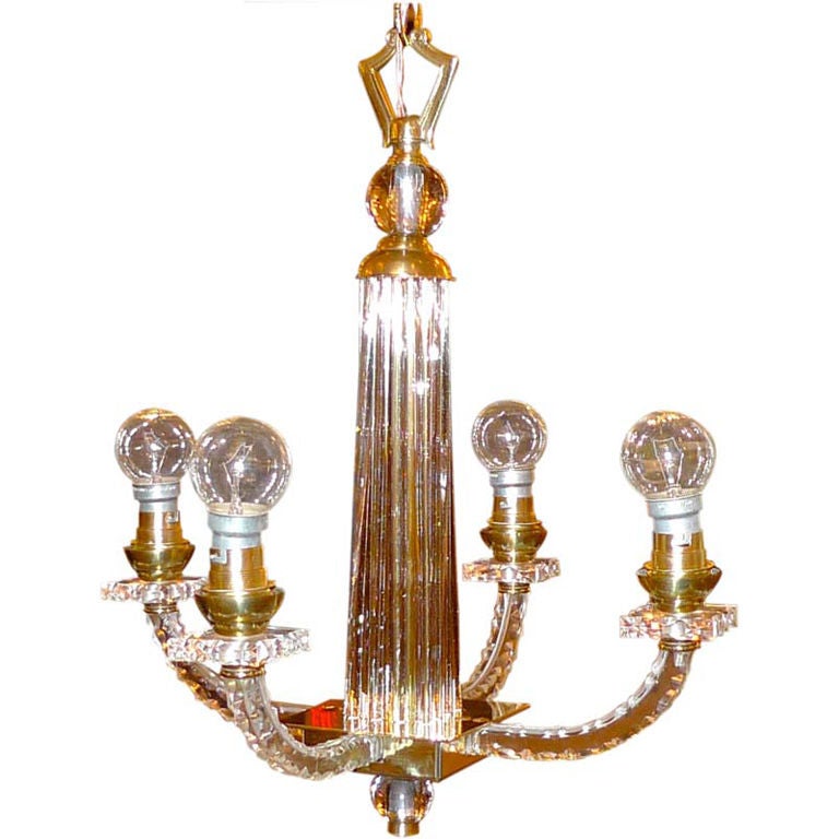Jacques Adnet Petite 4 Arm Lucite, Glass & Brass Chandelier For Sale