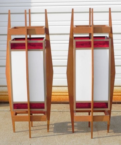 Mid-Century Modern Pair of Teak-Framed and Stained Glass Hanging Lanterns