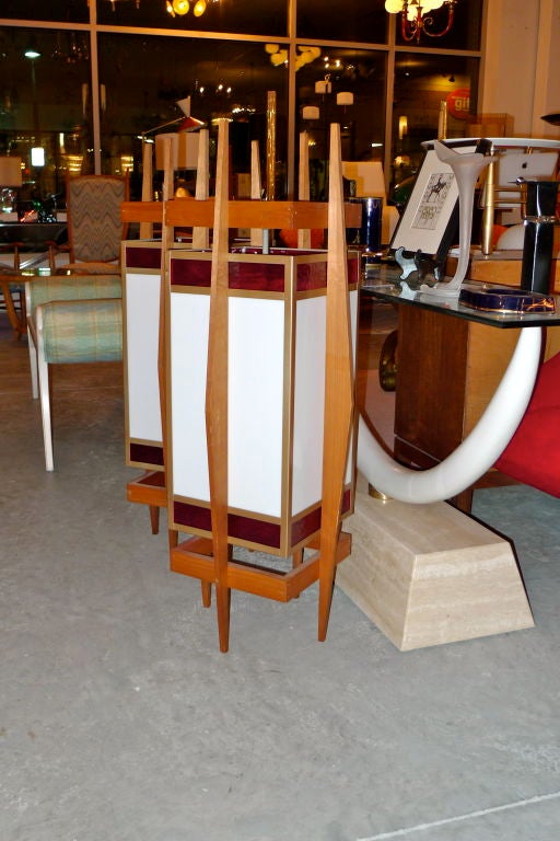 Pair of Teak-Framed and Stained Glass Hanging Lanterns 1