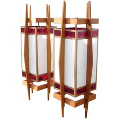 Vintage Pair of Teak-Framed and Stained Glass Hanging Lanterns