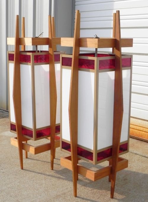 American Pair of Architectural Teak and Stained Glass Lanterns