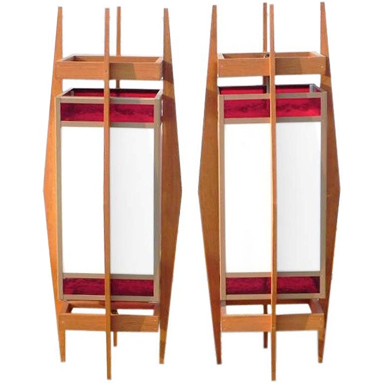 Pair of Architectural Teak and Stained Glass Lanterns