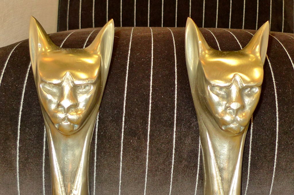 American Pair of Moderninist Brass Cat Andirons or Door Stops