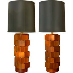 Pair of Teak Wood Modernist Lamps