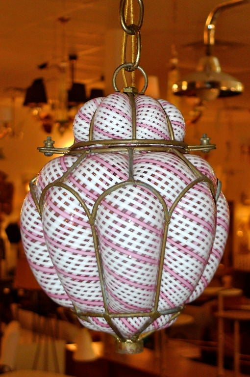 Seguso Murano 'Latticino' bubble glass cage lantern pendant.