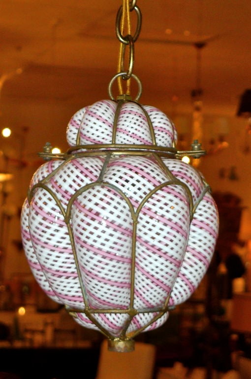 Pink & White Seguso Latticino Bubble Cage Pendant In Excellent Condition In Hanover, MA
