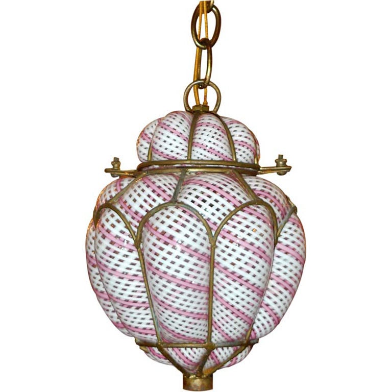 Pink 
White Seguso Latticino Bubble Cage Pendant