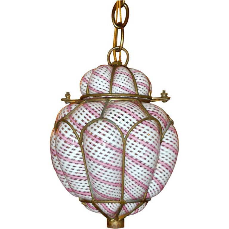 Pink & White Seguso Latticino Bubble Cage Pendant