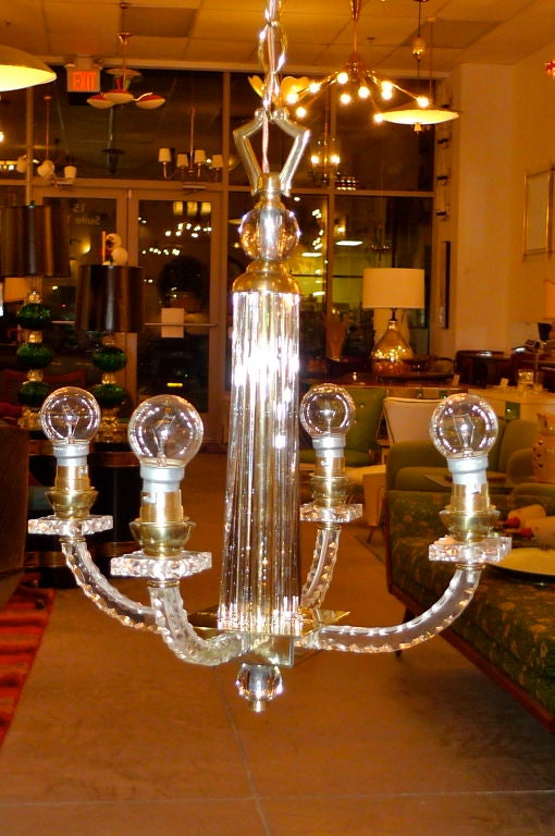 French Jacques Adnet Petite 4 Arm Lucite, Glass & Brass Chandelier For Sale