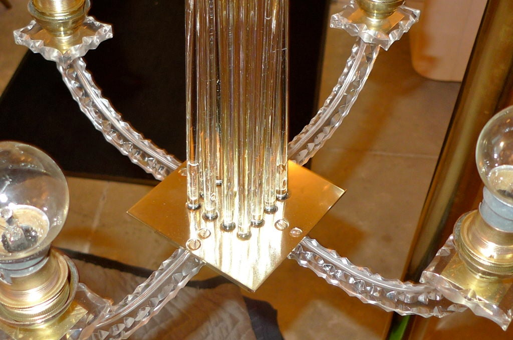 Mid-20th Century Jacques Adnet Petite 4 Arm Lucite, Glass & Brass Chandelier For Sale