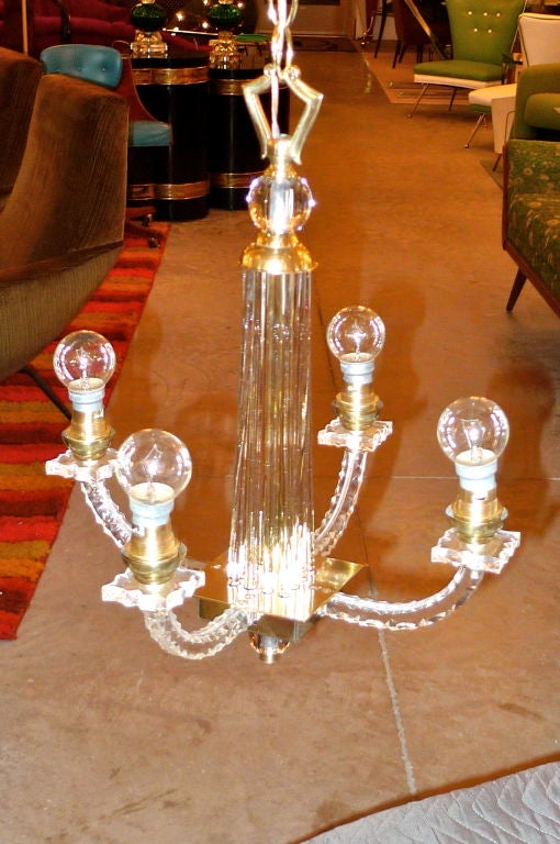 Jacques Adnet Petite 4 Arm Lucite, Glass & Brass Chandelier For Sale 1