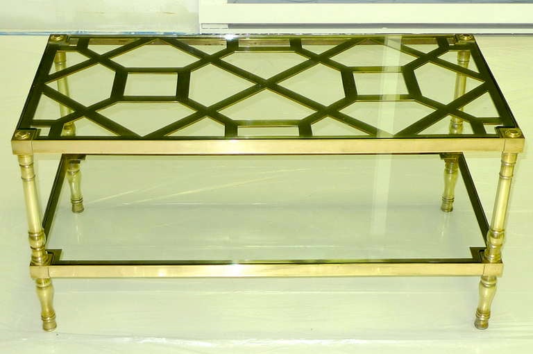 Brass Fretwork and Glass Two-Tier Cocktail Table For Sale 1