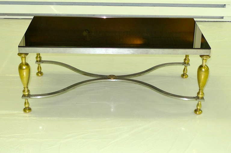 Vintage Classic Steel & Brass Cocktail Table with Bronze Mirror Top For Sale 1