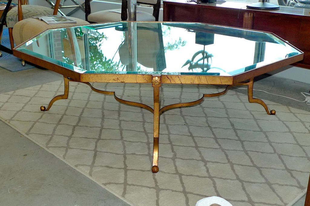 Enormous French Gilt Iron & Mirror Octagonal Cocktail Table 1
