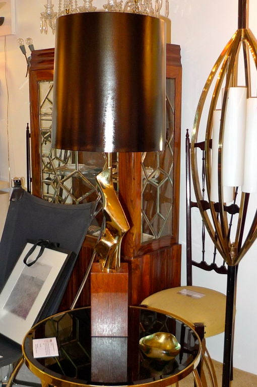 American Richard Barr Sculptural Cast Polished Brass on Walnut Lamp by Laurel