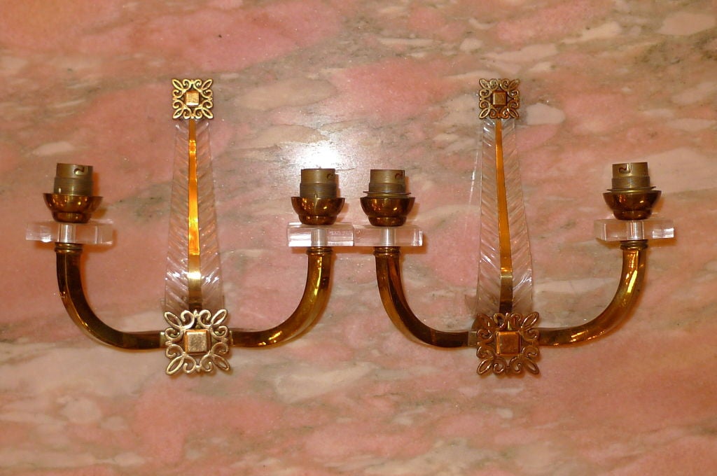French Pair of Jacques Adnet Brass & Perspex Sconces For Sale
