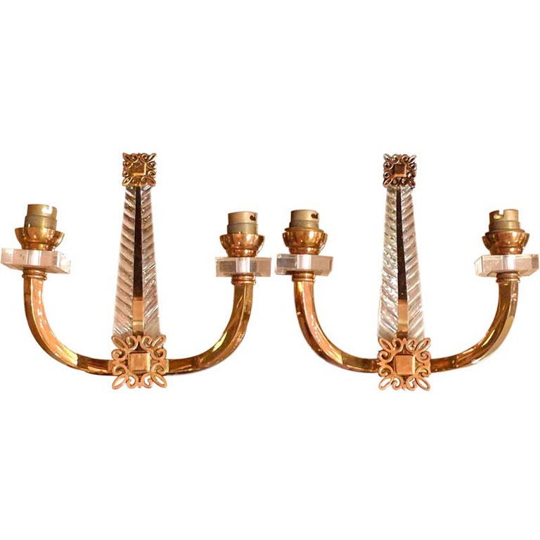 Pair of Jacques Adnet Brass & Perspex Sconces