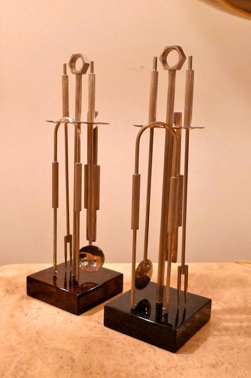 Elegant standing bar tools set by Aldo Tura on brown lacquered square base with metal tools produced by PM Italia. Nearly flawless.<br />
<br />
A second one is available for $725 with charcoal lacquered square base which has a few 'flea bite'