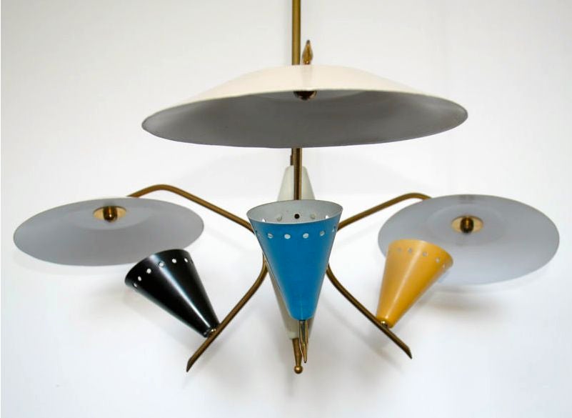 1950's Italian Arteluce chandelier, extra spicy!  Tri-Cone, Tri-Reflector with brass and enameled aluminum.<br />
<br />
Main rod can be shortened upon request.