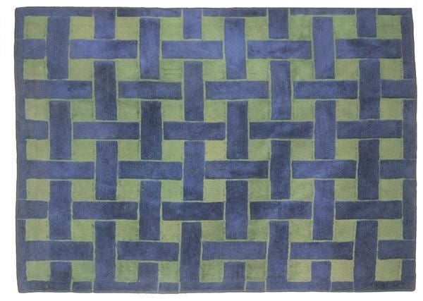 Vintage Edward Fields 9' x 7' wool rug, hand-woven in green and blue geometric decoration. 

Stamped: Edward Fields