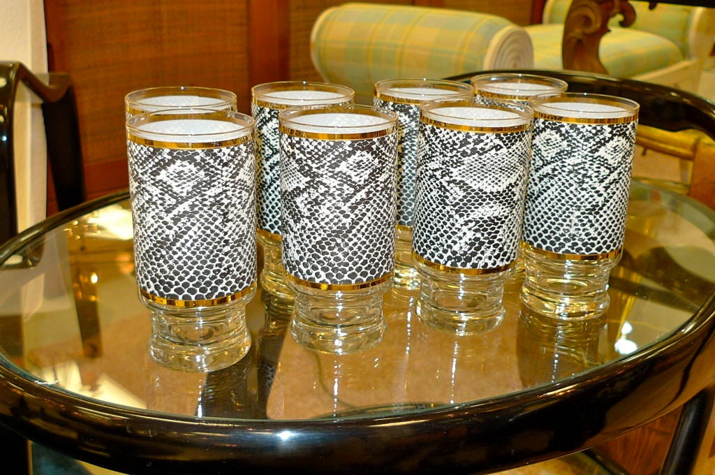 Late 20th Century Set of Snakeskin Decorated High-Ball Glasses