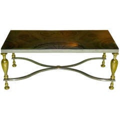 Table de cocktail classique vintage en acier et laiton avec plateau en bronze en forme de miroir