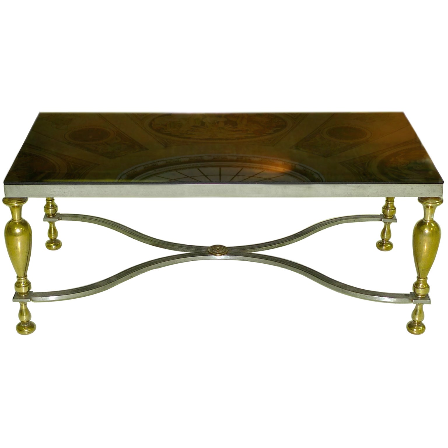 Vintage Classic Steel & Brass Cocktail Table with Bronze Mirror Top For Sale