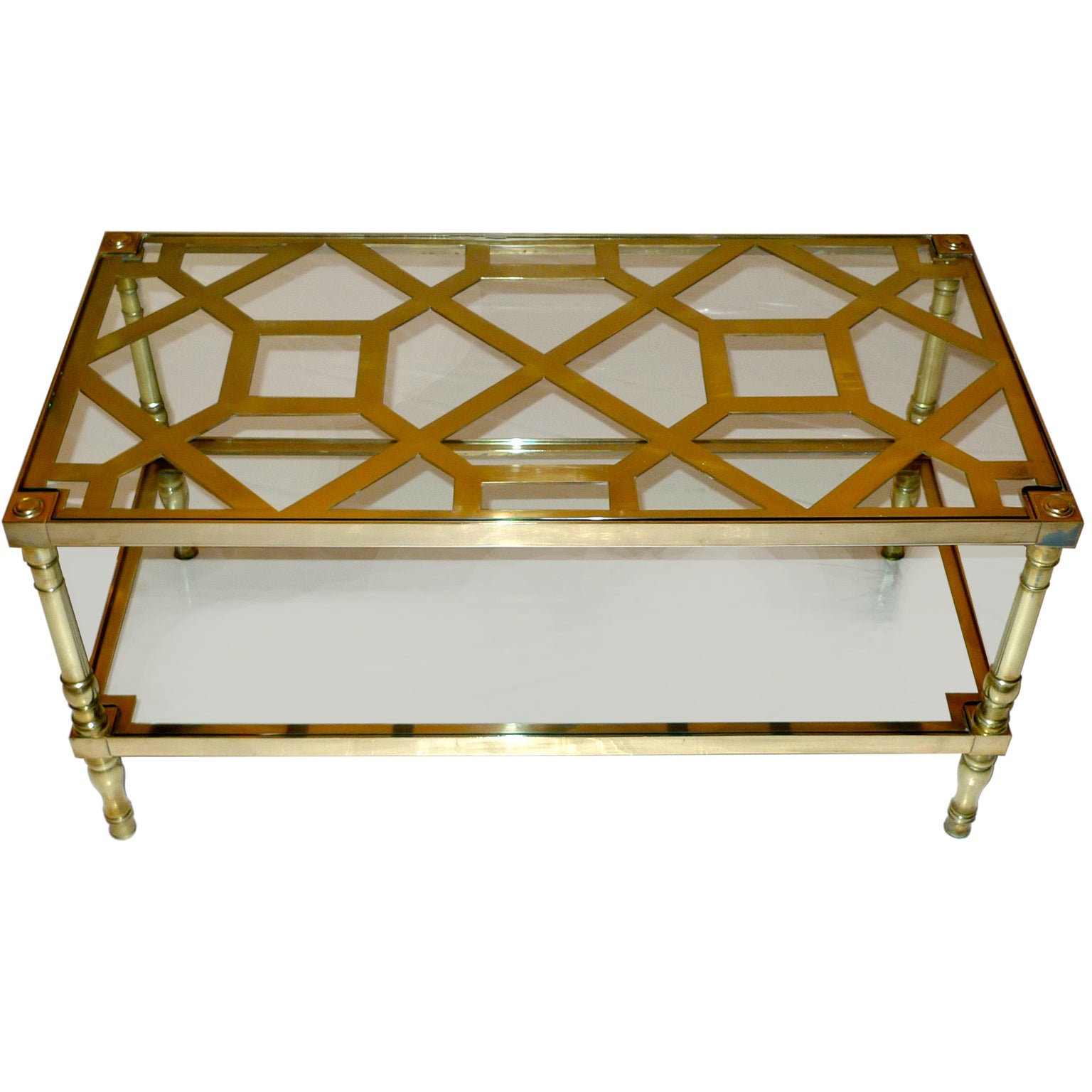 Brass Fretwork and Glass Two-Tier Cocktail Table