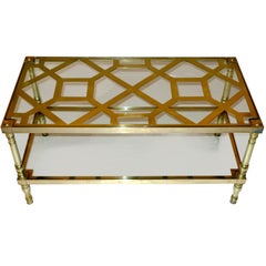 Vintage Brass Fretwork and Glass Two-Tier Cocktail Table