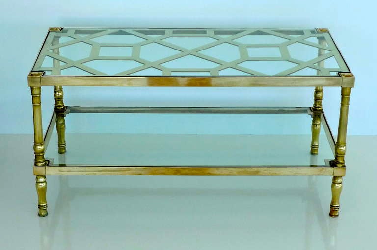 British Brass Fretwork and Glass Two-Tier Cocktail Table For Sale