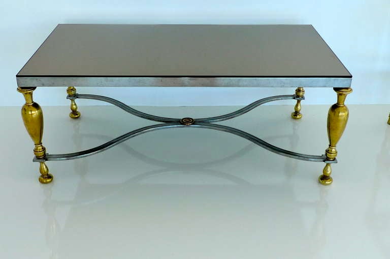 French Vintage Classic Steel & Brass Cocktail Table with Bronze Mirror Top For Sale