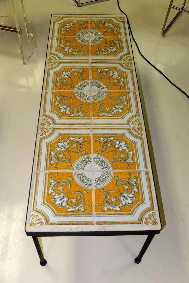 Ceramic Tile Topped Iron Frame Cocktail Table In Excellent Condition For Sale In Hanover, MA