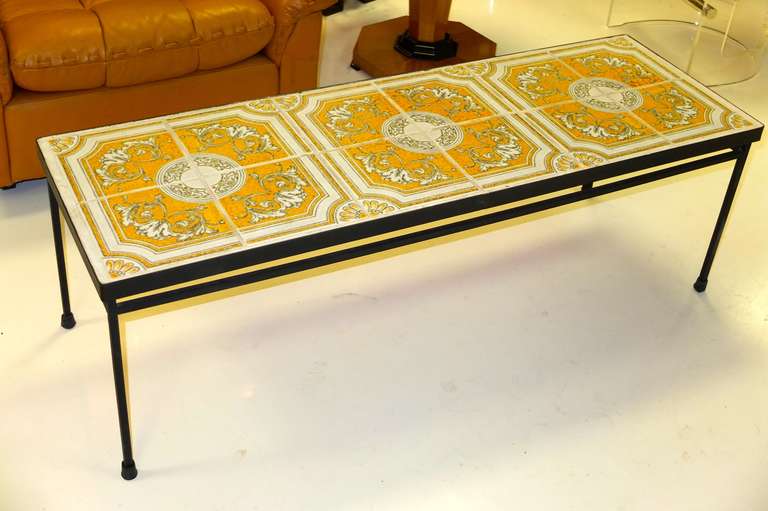Mid-20th Century Ceramic Tile Topped Iron Frame Cocktail Table For Sale