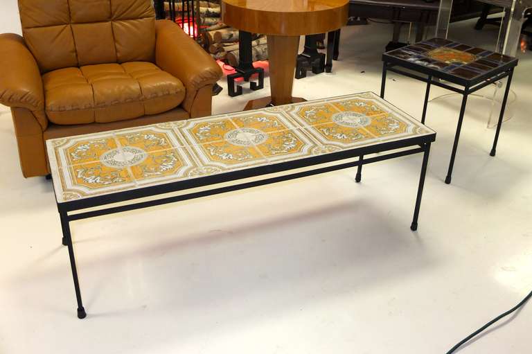Mid-Century Modern Ceramic Tile Topped Iron Frame Cocktail Table For Sale