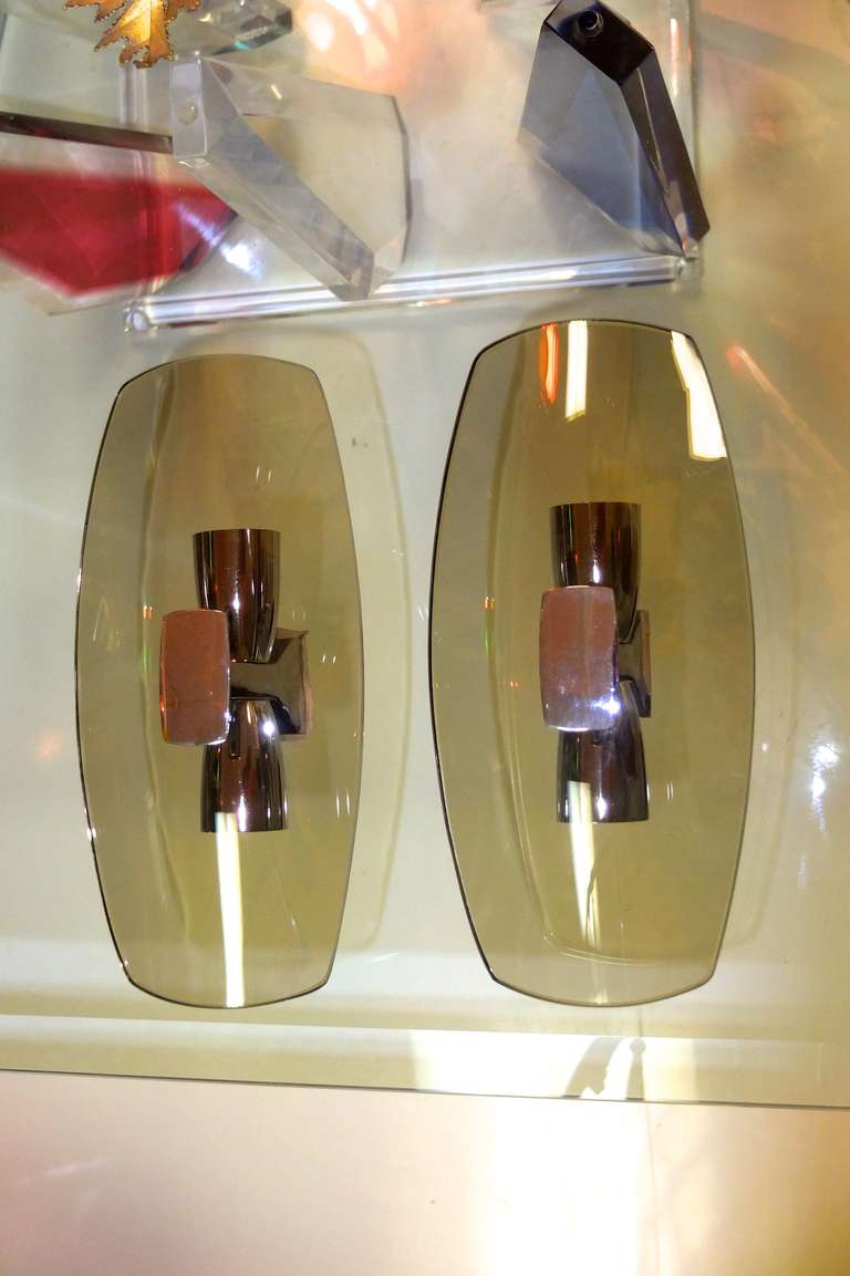 Pair of 1960's Italian Smoked Glass & Chrome Sconces by Veca In Excellent Condition In Hanover, MA