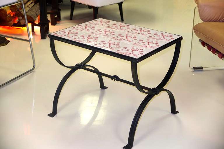 Art Deco French Wrought Iron Cerule Table with Tile Top