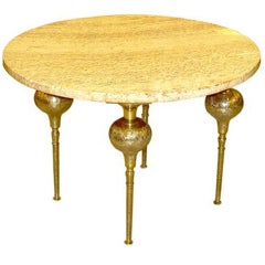 Vintage Travertine Round Top Side Table with Brass Legs