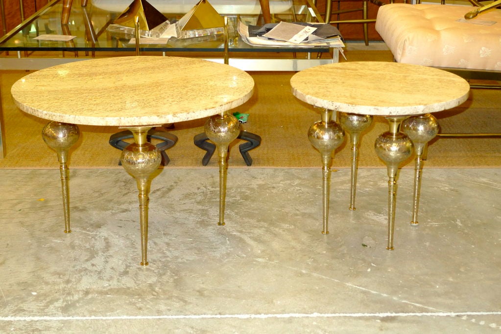 Round travertine marble top side table with highly decorative engraved 