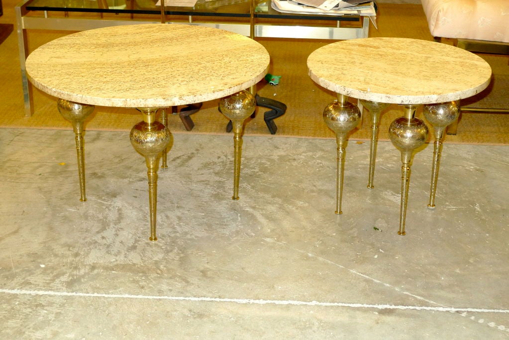Mid-20th Century Travertine Round Top Side Table with Brass Legs